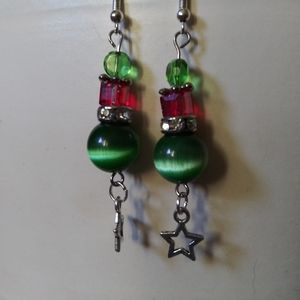 3/$30 Red Green Star Dangle Earrings